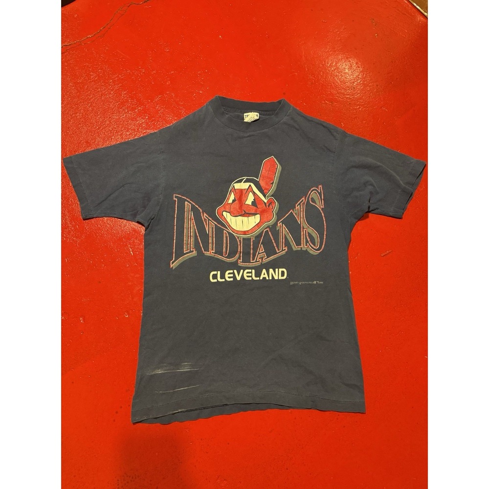 Vintage Cleveland Indians T Shirt Medium Navy 1995 Henry Aaron Chief Wahoo vtg